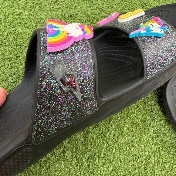 CROCS Black Glitter Sandals with Colorful Charms - Picture 7 of 8
